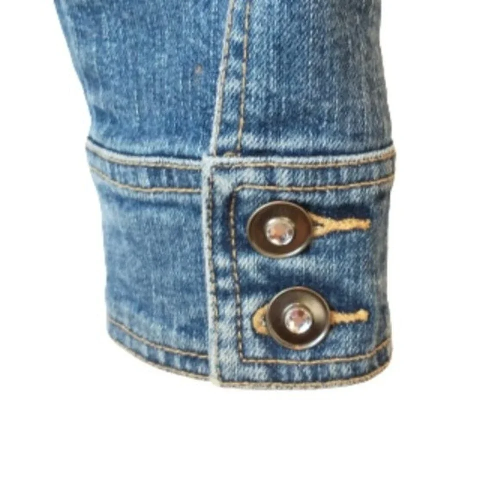 Style & Co Denim Jean Blazer Jacket with Bling Rhinestone Buttons Size S Stretch